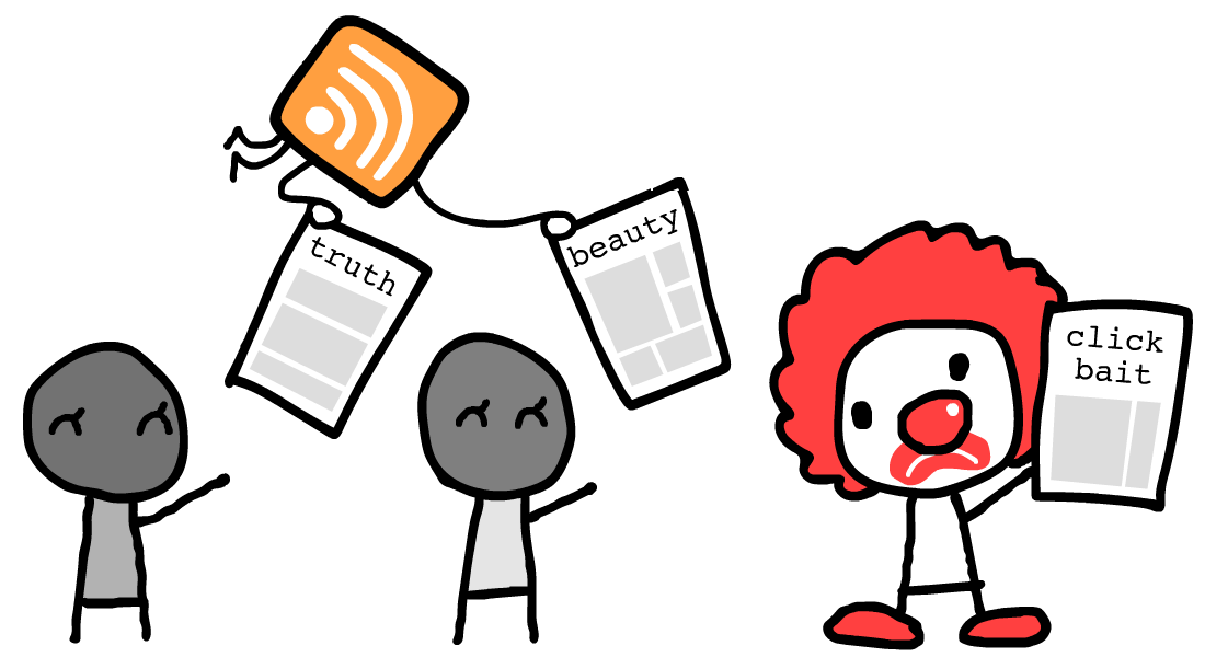 A flying RSS logo takes 'truth' and 'beauty', and leaves the clown's clickbait.