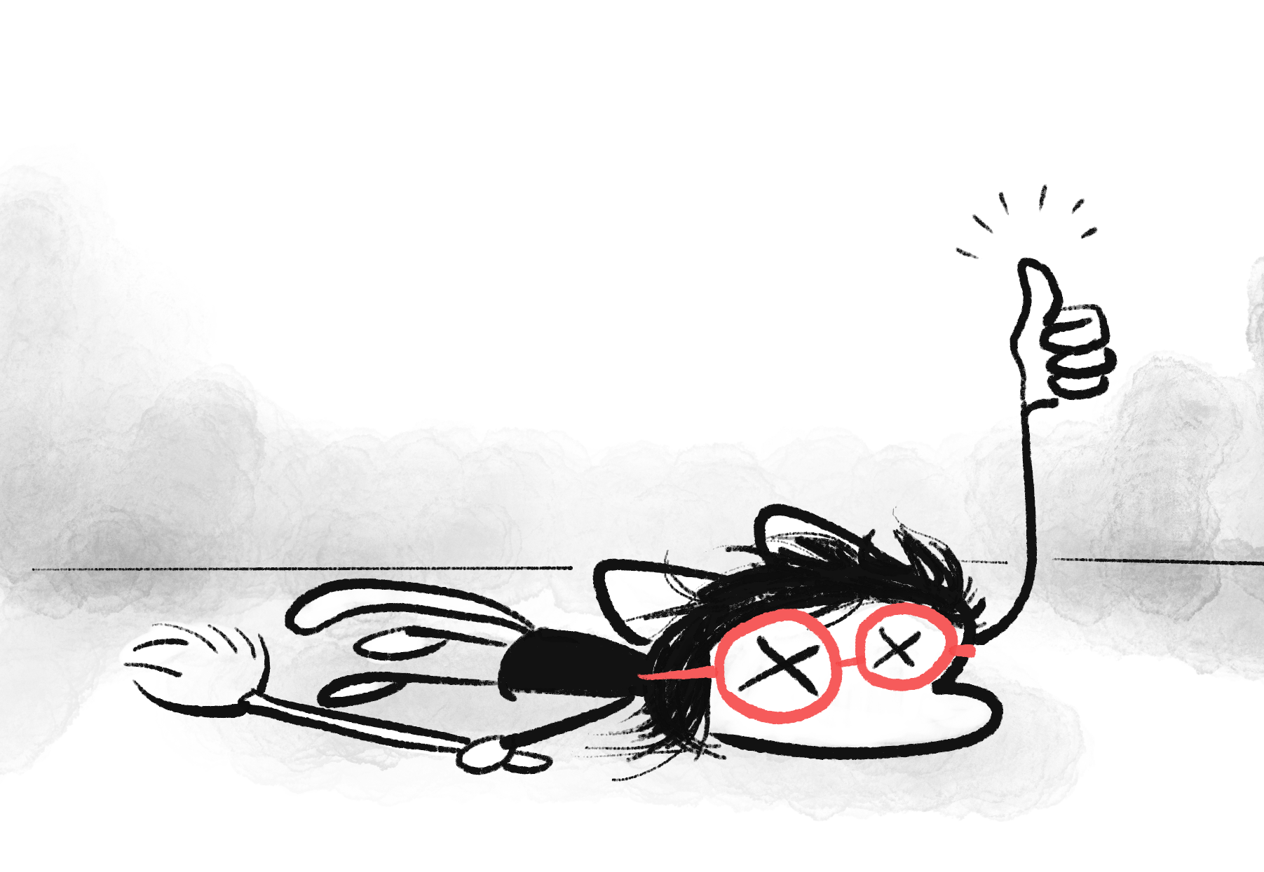 Nicky-Catgirl dead-exhausted from sweeping. Dead on the floor making a thumbs-up hand gesture.