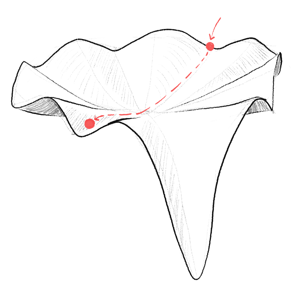 Octopus saddle with failed gradient descent: the ball misses the correct arm.