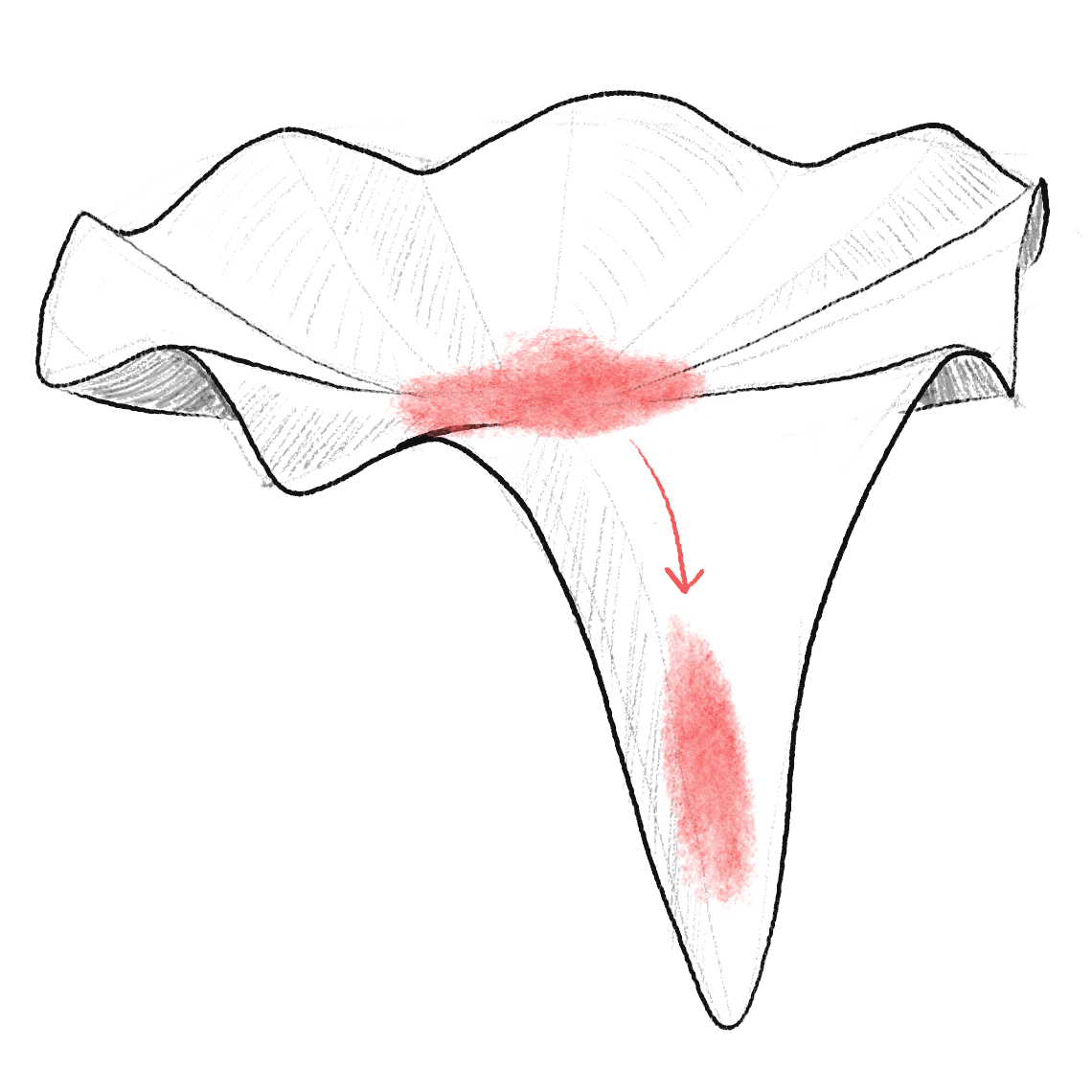 Octopus saddle with a fuzzy blob in the center (representing a quantum wavefunction) correctly finding the correct arm.